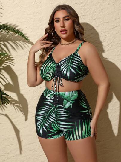 Swim Lushoire مجموعة بيكيني مطبوعة مقاسات كبيرة + كيمونو بأكمام طويلة للتغطية في الصيف