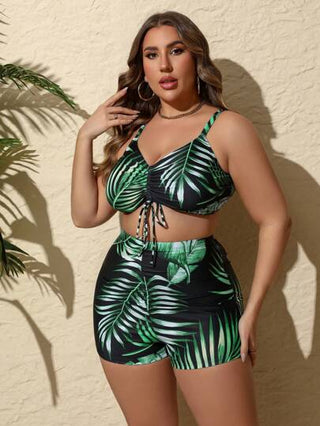 Swim Lushoire مجموعة بيكيني مطبوعة مقاسات كبيرة + كيمونو بأكمام طويلة للتغطية في الصيف