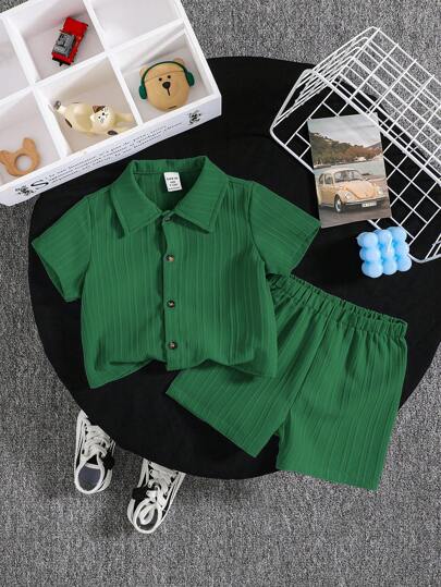 SHEIN طقم مكون من 2 قطع ملابس علوية كارديجان بياقة دائرية وشورت للأطفال الصغار البنين والبنات