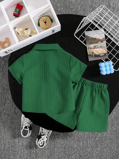SHEIN طقم مكون من 2 قطع ملابس علوية كارديجان بياقة دائرية وشورت للأطفال الصغار البنين والبنات