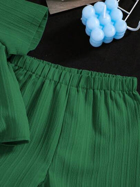 SHEIN طقم مكون من 2 قطع ملابس علوية كارديجان بياقة دائرية وشورت للأطفال الصغار البنين والبنات