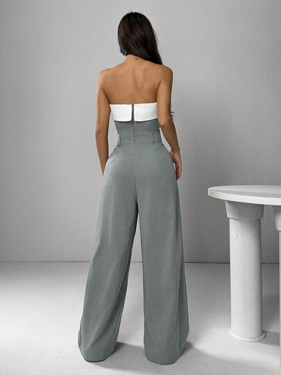 SHEIN EZwear جمبسوت مرتدة للنساء، طويلة الساق، ذات قصة واسعة متدرجة، بألوان متباينة