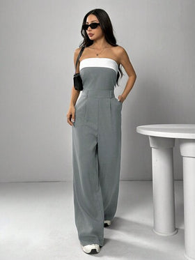 SHEIN EZwear جمبسوت مرتدة للنساء، طويلة الساق، ذات قصة واسعة متدرجة، بألوان متباينة