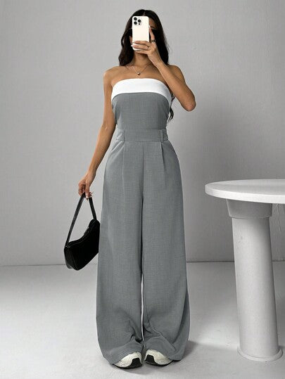 SHEIN EZwear جمبسوت مرتدة للنساء، طويلة الساق، ذات قصة واسعة متدرجة، بألوان متباينة