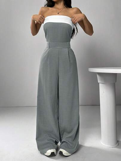 SHEIN EZwear جمبسوت مرتدة للنساء، طويلة الساق، ذات قصة واسعة متدرجة، بألوان متباينة