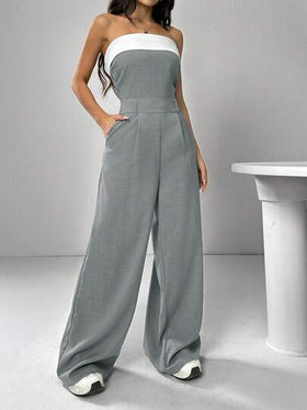 SHEIN EZwear جمبسوت مرتدة للنساء، طويلة الساق، ذات قصة واسعة متدرجة، بألوان متباينة