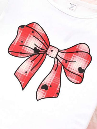 girls-sets 2 قطعة/طقم تيشرت رقبة دائرية بطبعة الريشة وتنورة صغيرة بطبعة شكل قلب المربع للبنات المراهقات