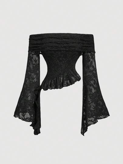 SHEIN MOD ملابس علوية نسائية بأكمام جرس وكشكشة على الكتف وذيل مزين بالدانتيل، طراز كلاسيكي، مناسبة للحفلات والسهرات، مثالية لرأس السنة وعيد الحب