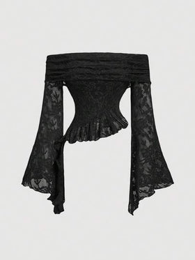 SHEIN MOD ملابس علوية نسائية بأكمام جرس وكشكشة على الكتف وذيل مزين بالدانتيل، طراز كلاسيكي، مناسبة للحفلات والسهرات، مثالية لرأس السنة وعيد الحب