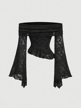 SHEIN MOD ملابس علوية نسائية بأكمام جرس وكشكشة على الكتف وذيل مزين بالدانتيل، طراز كلاسيكي، مناسبة للحفلات والسهرات، مثالية لرأس السنة وعيد الحب