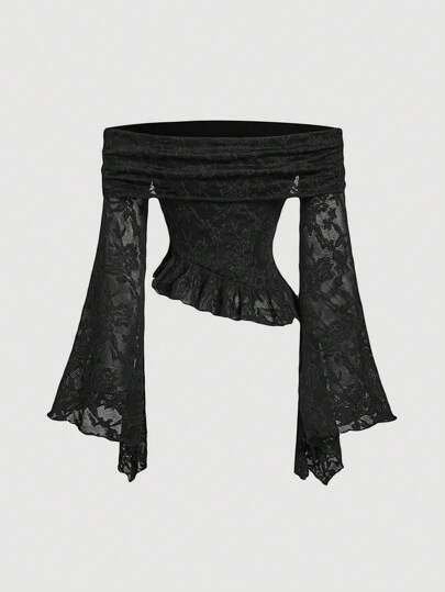 SHEIN MOD ملابس علوية نسائية بأكمام جرس وكشكشة على الكتف وذيل مزين بالدانتيل، طراز كلاسيكي، مناسبة للحفلات والسهرات، مثالية لرأس السنة وعيد الحب