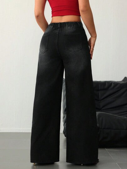 SHEIN Tall سراويل جينز للنساء العالية، سراويل جينز سوداء منخفضة الخصر فضفاضة مزينة بأحجار الراين اللامعة ، سراويل جينز واسعة بزخارف مترتبة للنساء منخفضة الخصر، سراويل تحتية للنساء العالية مزينة بترتر وبريق