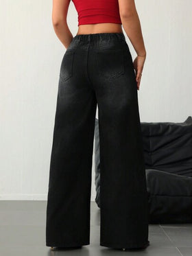 SHEIN Tall سراويل جينز للنساء العالية، سراويل جينز سوداء منخفضة الخصر فضفاضة مزينة بأحجار الراين اللامعة ، سراويل جينز واسعة بزخارف مترتبة للنساء منخفضة الخصر، سراويل تحتية للنساء العالية مزينة بترتر وبريق