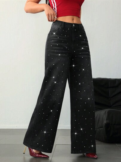 SHEIN Tall سراويل جينز للنساء العالية، سراويل جينز سوداء منخفضة الخصر فضفاضة مزينة بأحجار الراين اللامعة ، سراويل جينز واسعة بزخارف مترتبة للنساء منخفضة الخصر، سراويل تحتية للنساء العالية مزينة بترتر وبريق