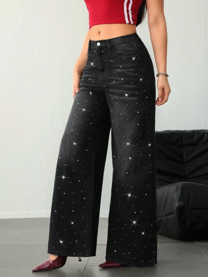 SHEIN Tall سراويل جينز للنساء العالية، سراويل جينز سوداء منخفضة الخصر فضفاضة مزينة بأحجار الراين اللامعة ، سراويل جينز واسعة بزخارف مترتبة للنساء منخفضة الخصر، سراويل تحتية للنساء العالية مزينة بترتر وبريق