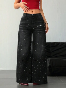 SHEIN Tall سراويل جينز للنساء العالية، سراويل جينز سوداء منخفضة الخصر فضفاضة مزينة بأحجار الراين اللامعة ، سراويل جينز واسعة بزخارف مترتبة للنساء منخفضة الخصر، سراويل تحتية للنساء العالية مزينة بترتر وبريق