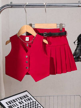 SHEIN Elladie kids طقم ملابس علوية كاجوال بلا أكمام مع تنورة مطوية للفتاة الصغيرة
