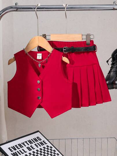 SHEIN Elladie kids طقم ملابس علوية كاجوال بلا أكمام مع تنورة مطوية للفتاة الصغيرة