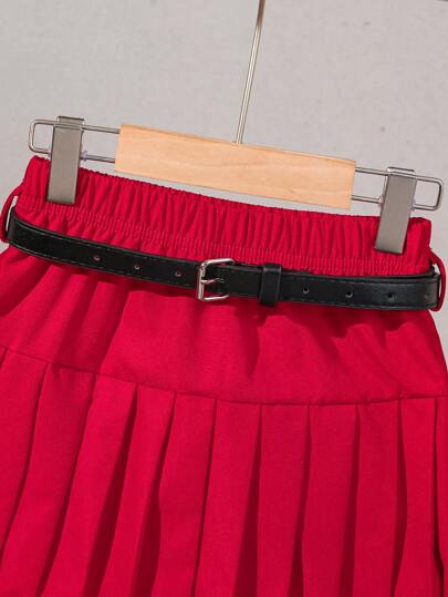 SHEIN Elladie kids طقم ملابس علوية كاجوال بلا أكمام مع تنورة مطوية للفتاة الصغيرة