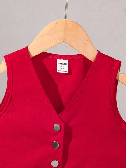 SHEIN Elladie kids طقم ملابس علوية كاجوال بلا أكمام مع تنورة مطوية للفتاة الصغيرة