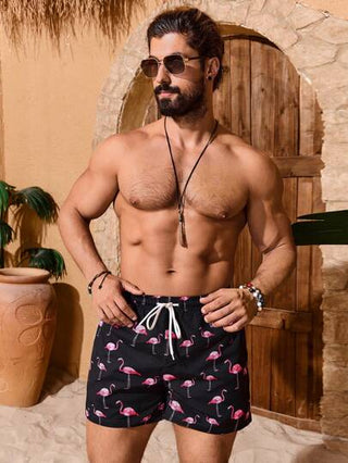 Manfinity VDAYZ شورتات الشاطئ للرجال ذات الخصر القابل للسحب بطبعة الفلامنجو، هاواي