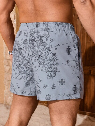 Manfinity Swimmode شورت شاطئ مطبوع بنمط ألوان مختلطة مع جيوب وربطة أمامية، كاجوال للعطلات الاسترخاء والأجواء الهاواي
