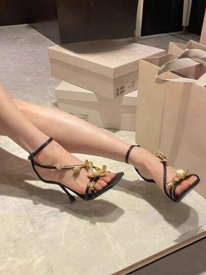 صنادل مزينة بالكريستال معدنية زهرية ذات تصميم مفتوح للأصابع وحزام مشبك، تصميم مربع للأصابع، أحذية كعب عالي مناسبة لحفلات المشاهير 2025 ربيع صيف