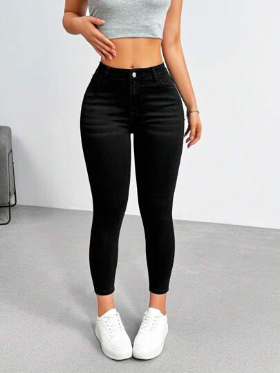 EZwear جينز كاجوال بسيط للنساء بجيوب وأزرار أمامية ، للارتداء اليومي