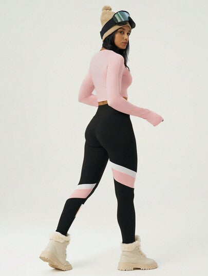 SHEIN Sport Studio طقم رياضي للنساء عالي المرونة مع حواف ملونة، طقم ملابس تمرين رياضي للنساء، طقم سروال رياضي للنساء