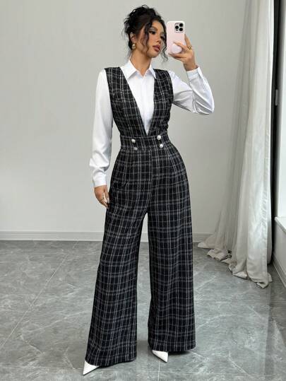 Selianne جمبسوت نسائية طويلة الساقين ذات جيوب مزينة بأزرار اللؤلؤ