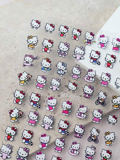 Sanrio 6 ورقة/مجموعة ملصقات أظافر هالو كيتي أنمي ياباني، لامع ثلاثي الأبعاد لديكورات كيتي القطة الكرتونية، كوروني وميلودي، ملصقات فنية للأظافر DIY، مستلزمات أظافر كهدايا للنساء والفتيات