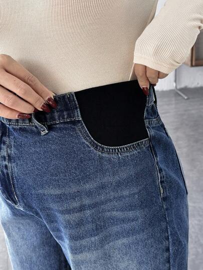 SHEIN سراويل جينز أمومة أزرق فضفاضة بساق عريضة