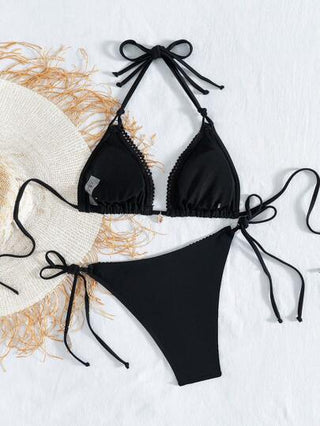 Swim Vcay أزياء الشاطئ للنساء: بيكيني علوي قصير بتعليقة مزين بأصداف يدوية الصنع وأسفل السراويل ربطة جانبية، صيفي