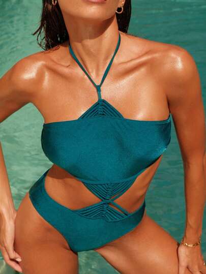 مايوه حريمي قطعة واحدة Swim Chiccia ملابس سباحة نسائية قطعة واحدة ذات لون واحد مفرغة مصنوعة يدويا بالكروشيه للصيف