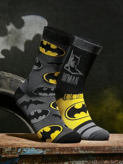 BATMAN X SHEIN زوجان من الجوارب بطاقم بخط الأعلى ذات لوحة الألوان مع شعار البطل والخفاش