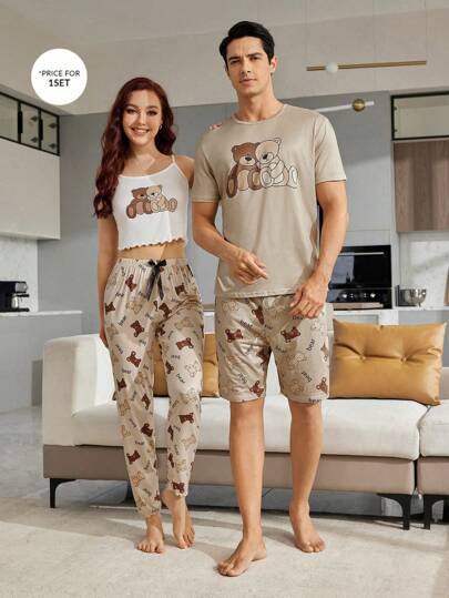 SHEIN طقم رجالي للمنزل 2قطعة /طقم تيشرت وشورت بطباعة الحرف والدببة الكرتونية ملابس نوم
