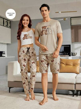 SHEIN طقم رجالي للمنزل 2قطعة /طقم تيشرت وشورت بطباعة الحرف والدببة الكرتونية ملابس نوم