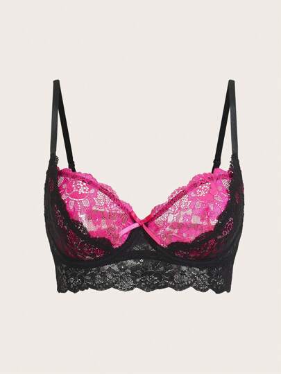 SHEIN ICON بكأس الدانتيل المزدوج الطبقات المزين بالفيونكة ملابس داخلية مثيرة