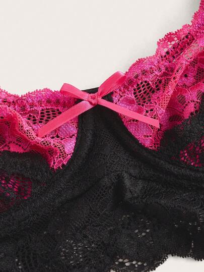 SHEIN ICON بكأس الدانتيل المزدوج الطبقات المزين بالفيونكة ملابس داخلية مثيرة