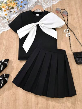 girls-sets Vihyde طقم تي شيرت كم قصير بفيونكة كبيرة وتنورة ذات طبقات للبنات المراهقات بطراز نمط بريبي