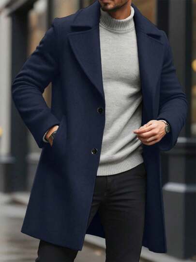 Manfinity Homme معطف طويل الأكمام بجيب وأزرار أمامية بلون واحد للرجال، ملابس خريفية وشتوية