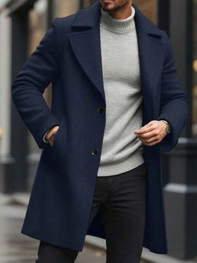 Manfinity Homme معطف طويل الأكمام بجيب وأزرار أمامية بلون واحد للرجال، ملابس خريفية وشتوية