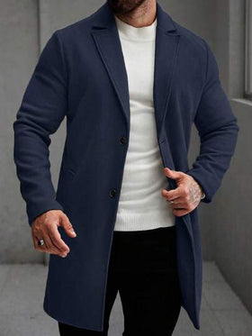 Manfinity Homme معطف طويل الأكمام بجيب وأزرار أمامية بلون واحد للرجال، ملابس خريفية وشتوية