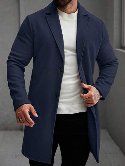 Manfinity Homme معطف طويل الأكمام بجيب وأزرار أمامية بلون واحد للرجال، ملابس خريفية وشتوية