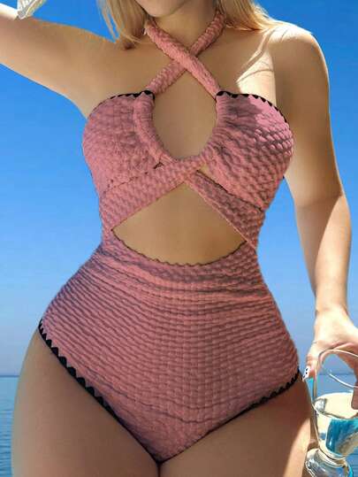 Swim Mod طقم نسائي أحادي القطعة للصيف بأطراف ملونة وظهر مكشوف