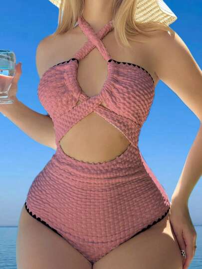 Swim Mod طقم نسائي أحادي القطعة للصيف بأطراف ملونة وظهر مكشوف