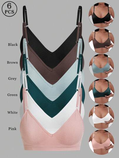 Shein Underwear&Sleepwear Basics طقم حمالة صدر بدون خياطة مريح وأنيق مكون من 6 قطع بألوان متعددة