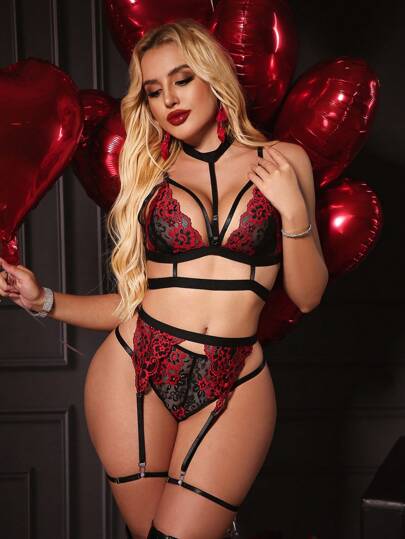 Opulent Queen 5 قطع/مجموعة ملابس داخلية من الدانتيل للنساء في عيد الحب ،غير سلكية وجذابة