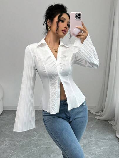 Selianne بلوزة نسائية بياقة على شكل حرف V وذات خصر مجعد، بلوزة كاجوال أنيقة للخريف