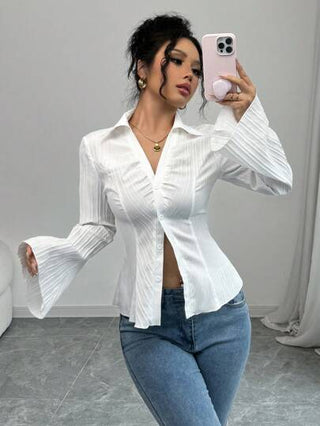 Selianne بلوزة نسائية بياقة على شكل حرف V وذات خصر مجعد، بلوزة كاجوال أنيقة للخريف